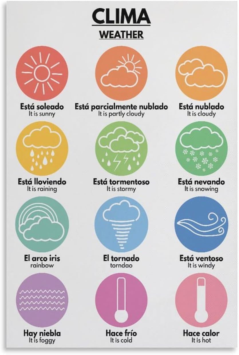 SitrMGH Spanish Language Weather Symbols & Vocabulary Chart Poster, Metal Tin Sign, Silver, 8x12 inch