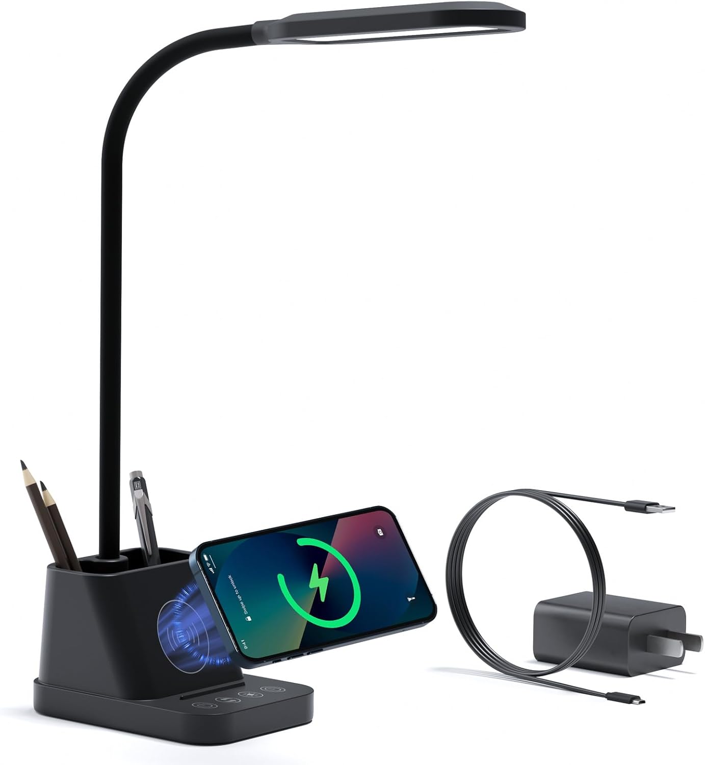 AXX LED Desk Lamp for College Dorm Room with Wireless Charger, Reading Light for Home Office Bedroom, Small, Bright, Touch Control, Pen Holder, Phone Mount, Timer, Black