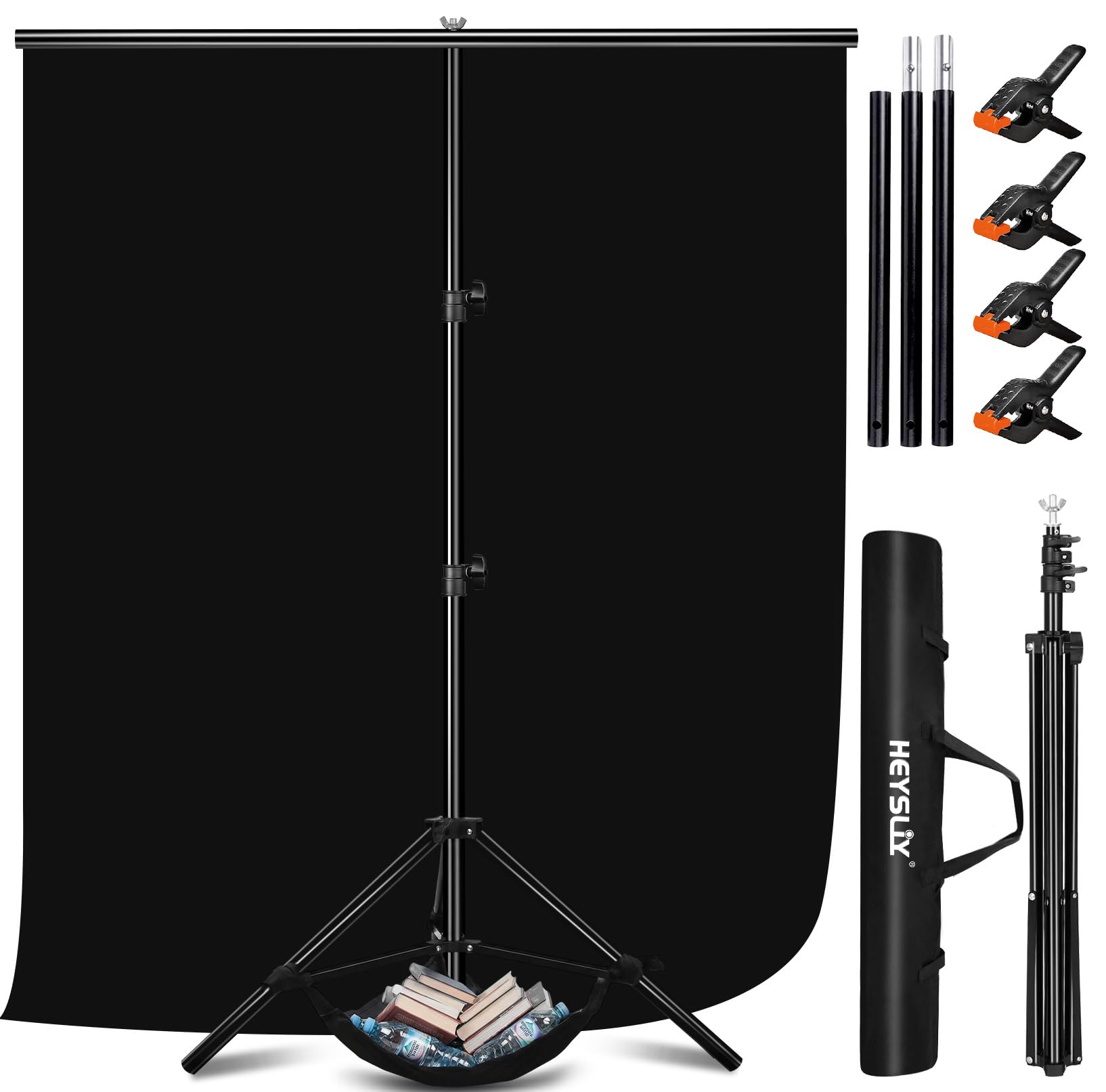 Heysily Fotohintergrund Schwarz mit Ständer 2x2m & 1.5x2m – Schwarzes Tuch Backdrop Stand Set für Fotostudio, Portrait, Streaming, Produktshooting & professionelle Backdrop Photography