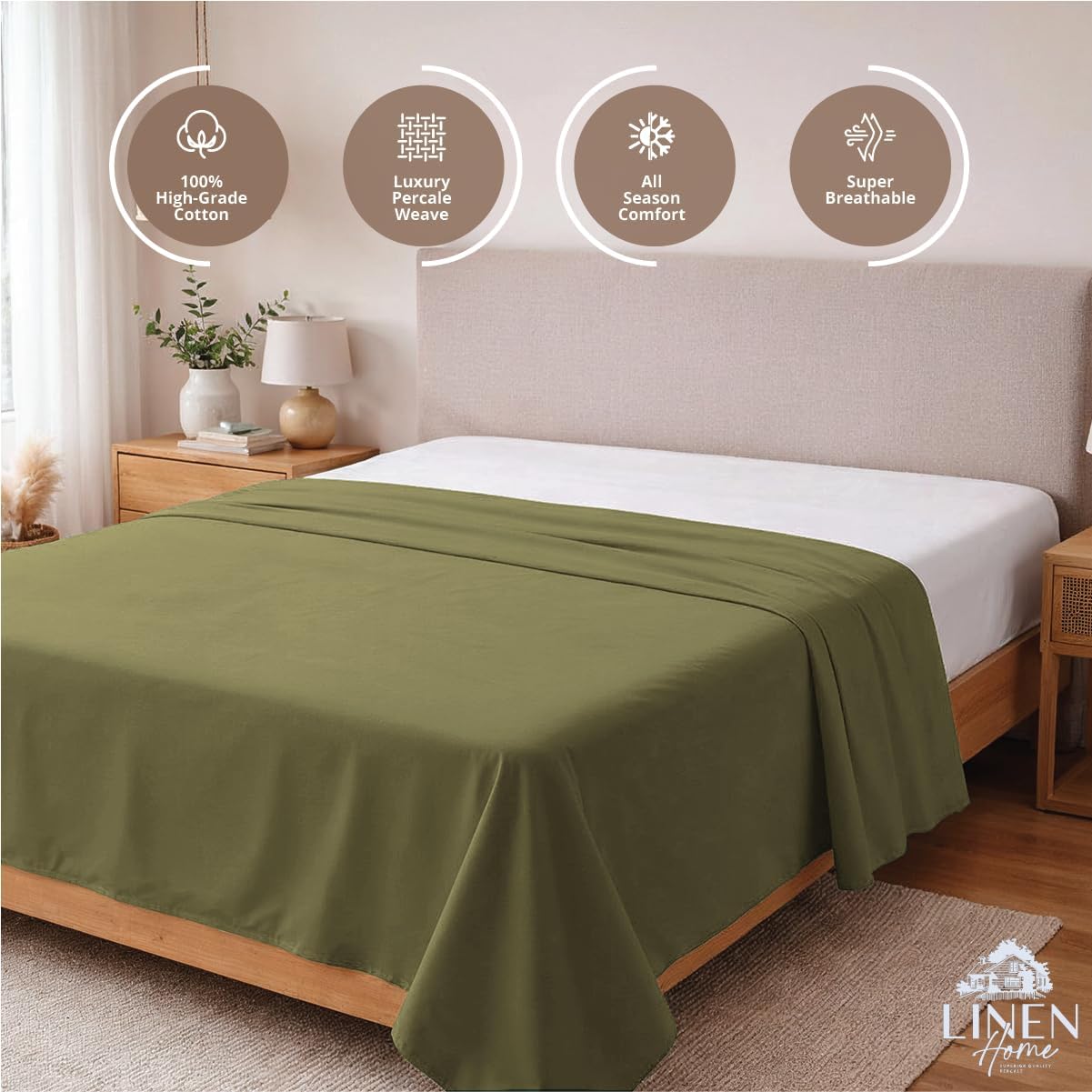 Linen Home 100% Cotton Percale 1 Flat Sheet, Queen Size - Crisp, Cool and Strong Bed Linen, Luxury Breathable Sheet, Oil Green
