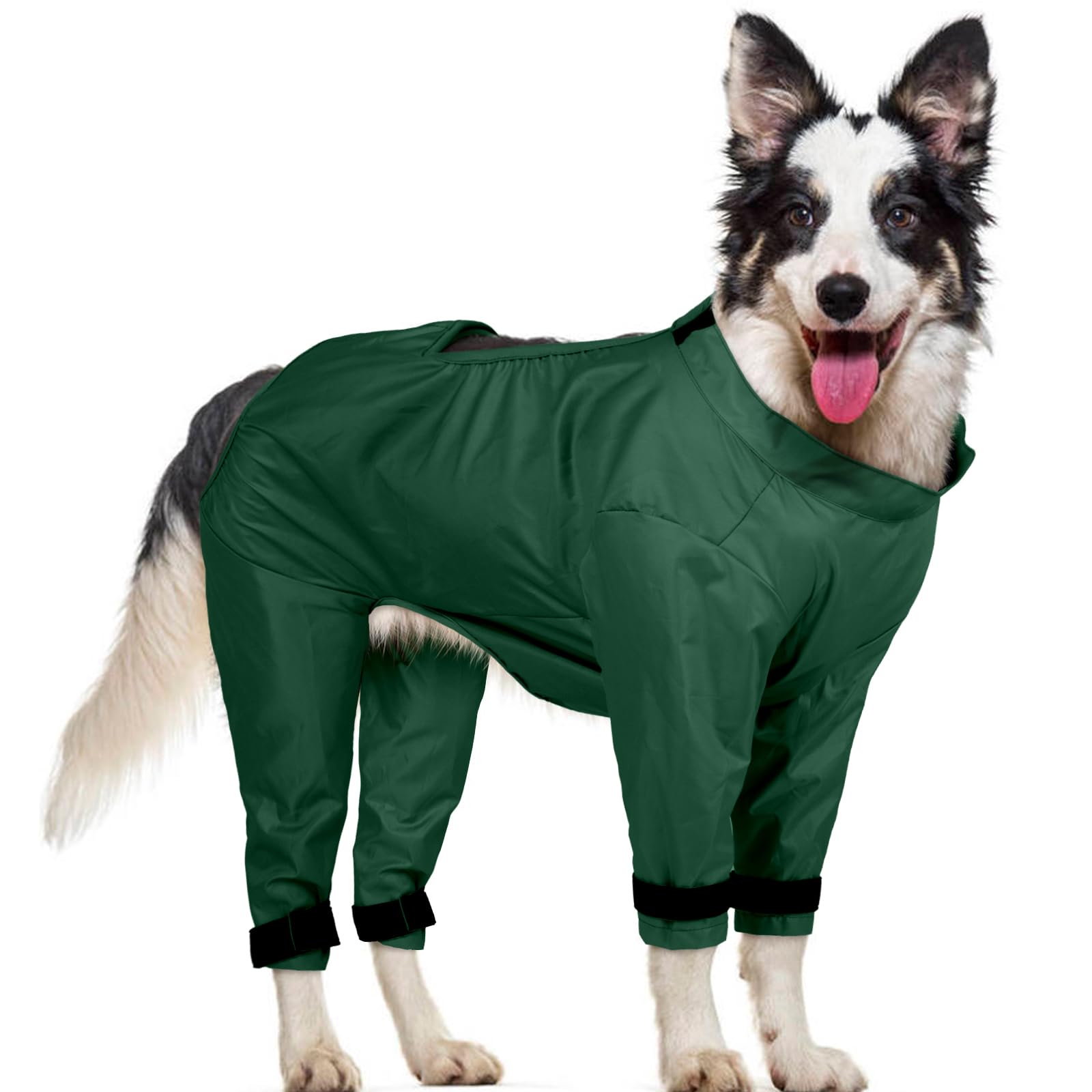 OUOBOB Dog Rain Coat with 4 Legs, Waterproof Chest, Belly & Leg Protector for Medium, Large Dogs Like Shiba Inu, Shelties, Bulldogs, Adjustable Vest for Wet Grass/Mud, Post-Rain Walks, Green, L