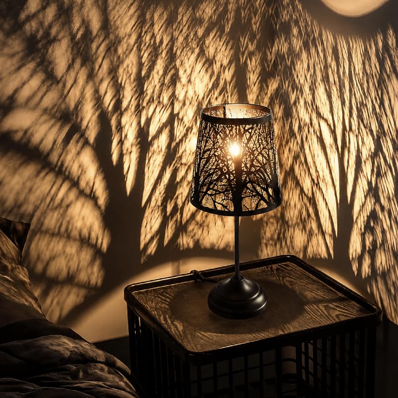 Timeflies Touch Table Lamp with Tree Shadow Projection 3-Level Dimmable Black Metal Shadow Lamp Vintage Bedside Night Light for Bedroom Living Room Kids Room Small Space Home Decor Accent Lamp