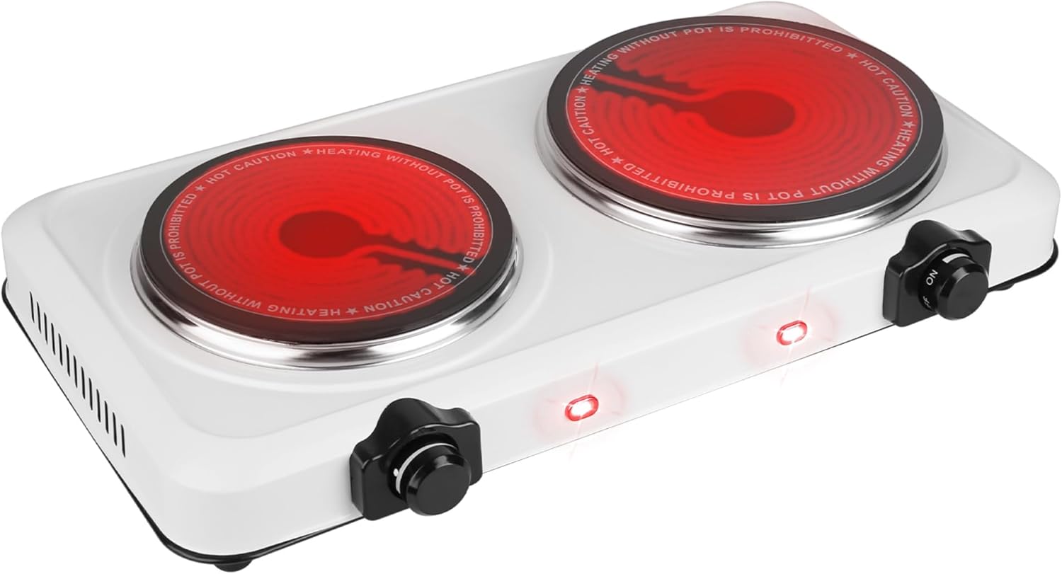 Casafoyer 1800W Electric Infrared Dual Burner Portable Heating Hot Plate Stove Countertop RV Hotplate with 7.5 & 6.3 Glass Cooktop Stepless Temperature Adjust