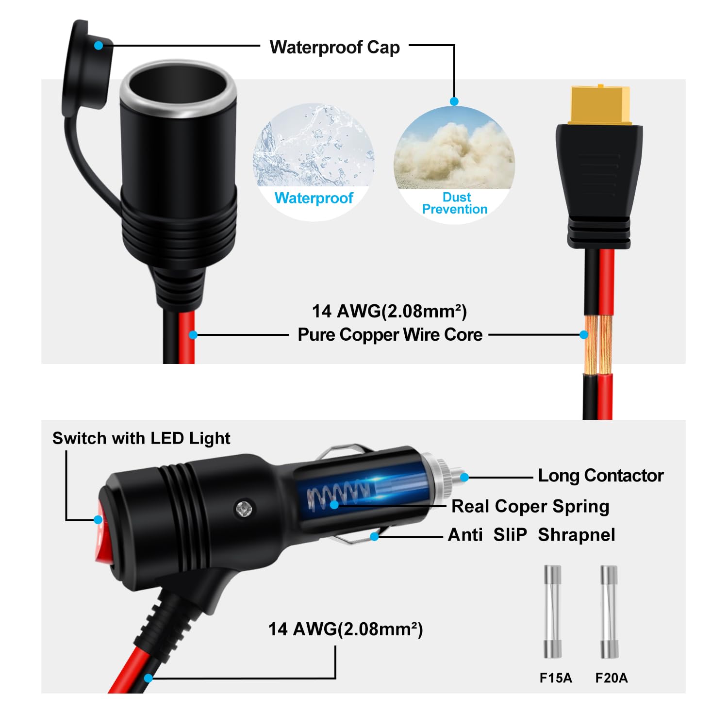 Kabel do Zapalniczki Samochodowej do XT60 12V Przedłużacz do Zapalniczki Samochodowej z Przełącznikiem 14AWG Kabel Zasilający do ładowarki Samochodowej, Samochodu, Paneli (2 m/6.5 stóp)