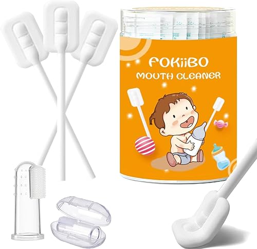 Miniatura 1 de Limpiador de lengua para bebé, 40 unidades desechables de gasa + 5 cepillos de dientes de silicona para bebés con caja de almacenamiento portátil,