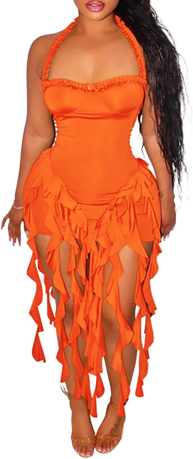 Womens Halter Neck Backless Sleeveless Ruffle Fringe Tassel Bodycon Party Club Mini Dress Beach Sundress