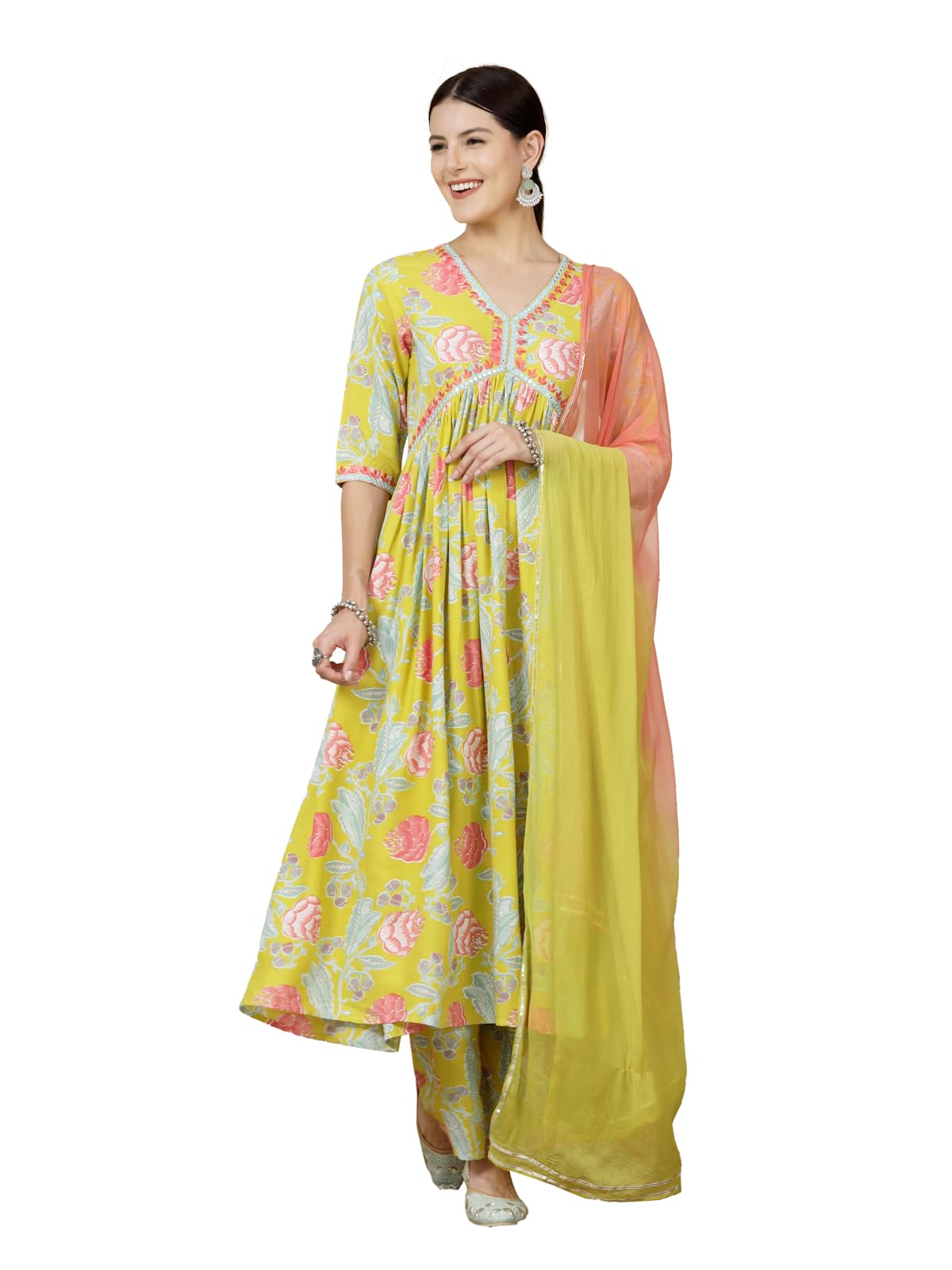 Stylum Women's Floral Printed & Embroidered Rayon Alia Cut Kurta Pant Dupatta Set (Kpdyellowtaco36_Yellow, S)