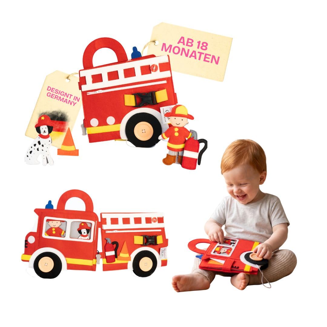 Jolly Designs Travel Buddy Vigili del fuoco – Montessori Giocattoli a partire dai 18 mesi – Busy Book & Libro in stoffa in feltro – Giocattoli educativi & Libro in moto per bambini – Giocattoli da