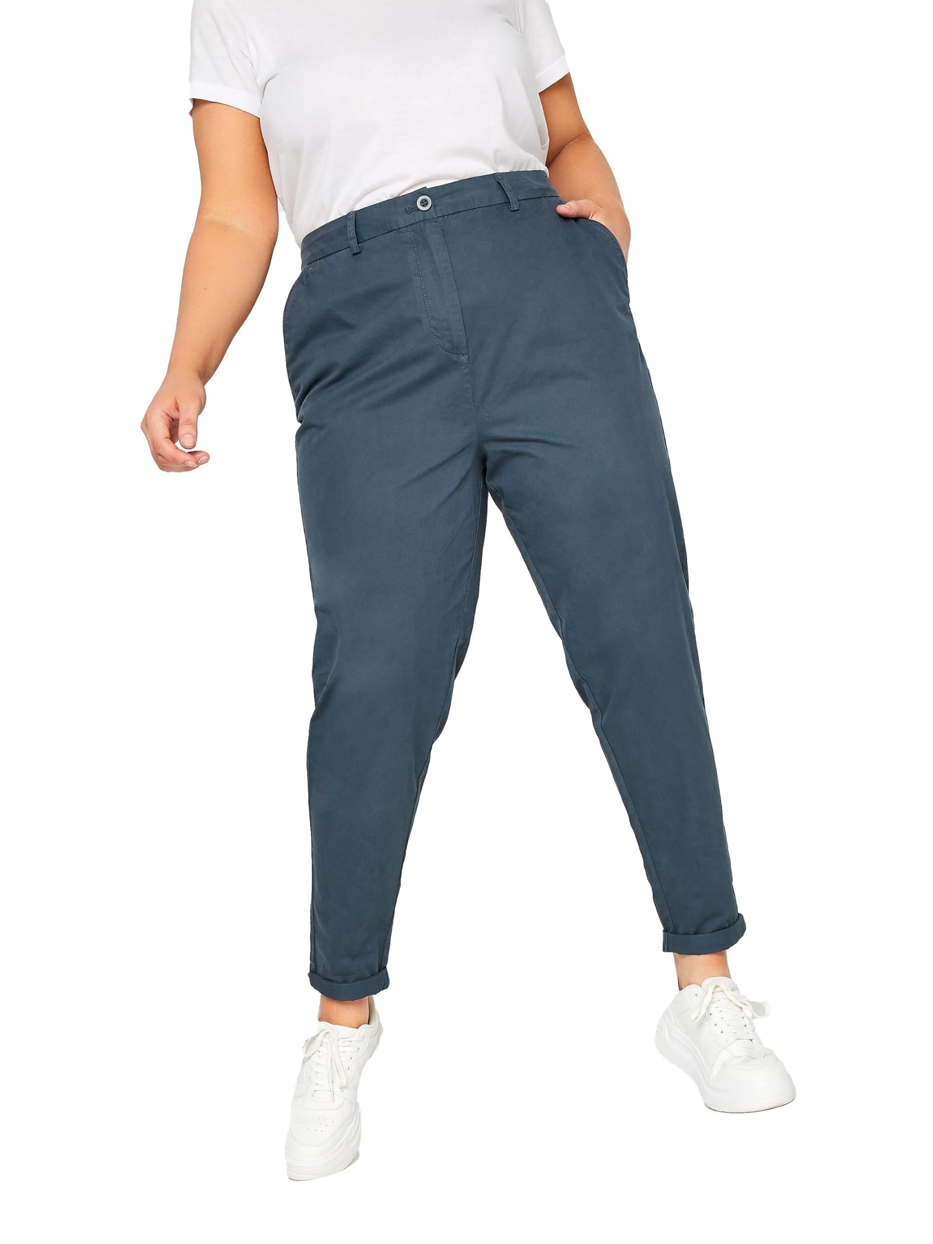 Yours Women's Blue Curve Dark Straight Leg Chino Trousers - Plus Curve 16 Plus Short