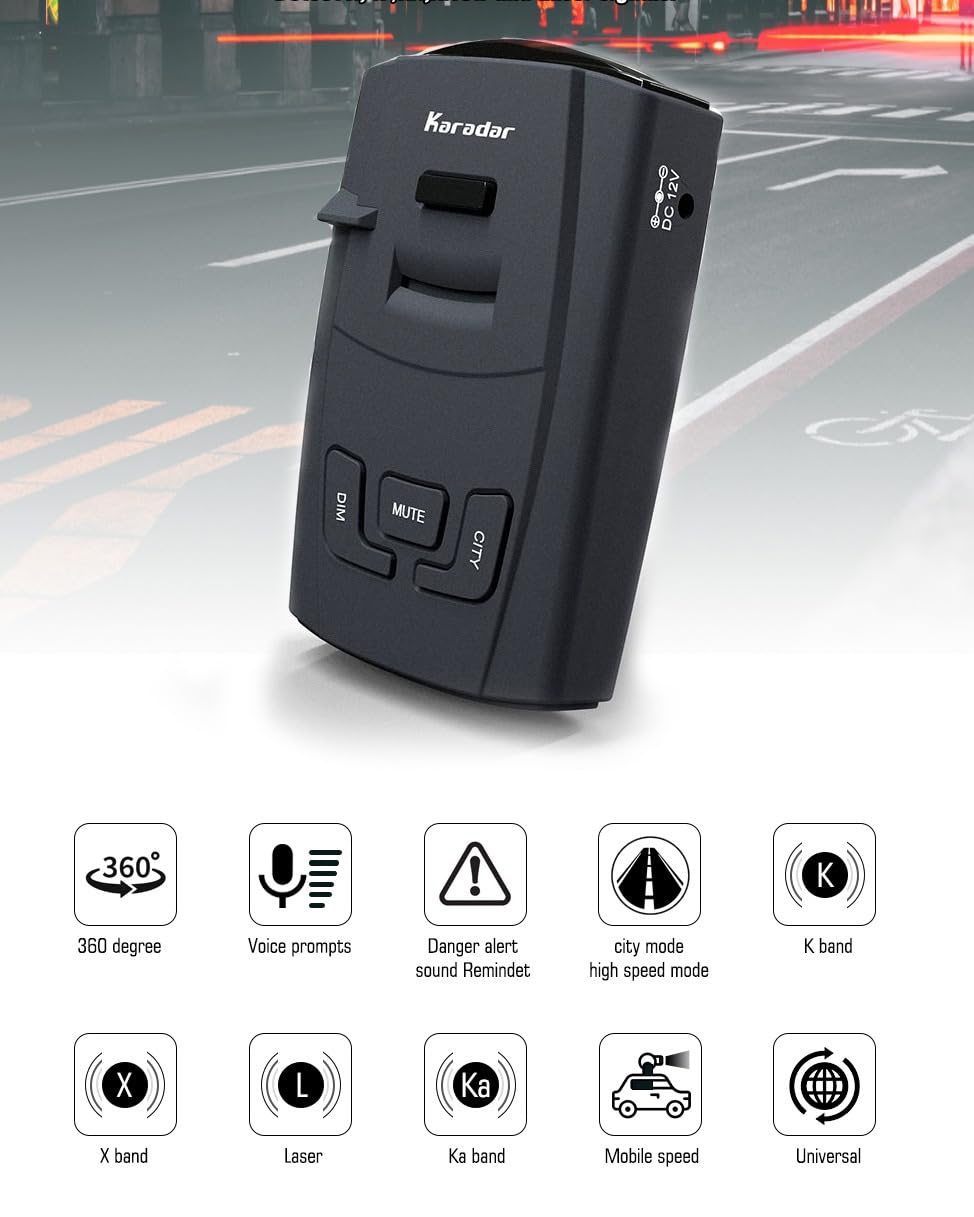 KARADAR S360 Radar Detector – X/K/Ka Band & Laser Detection, City/Highway Mode, VG-2 Immune, detectable Police Speed Trap Detector for Cars LaserEye and False Alert Filtering