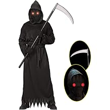 Grim Reaper Halloween Costume with Glowing Red Eyes for Kids, Scythe Included