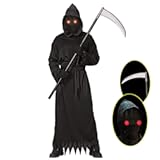 Grim Reaper Halloween Costume with Glowing Red Eyes for Kids&comma; Scythe Included