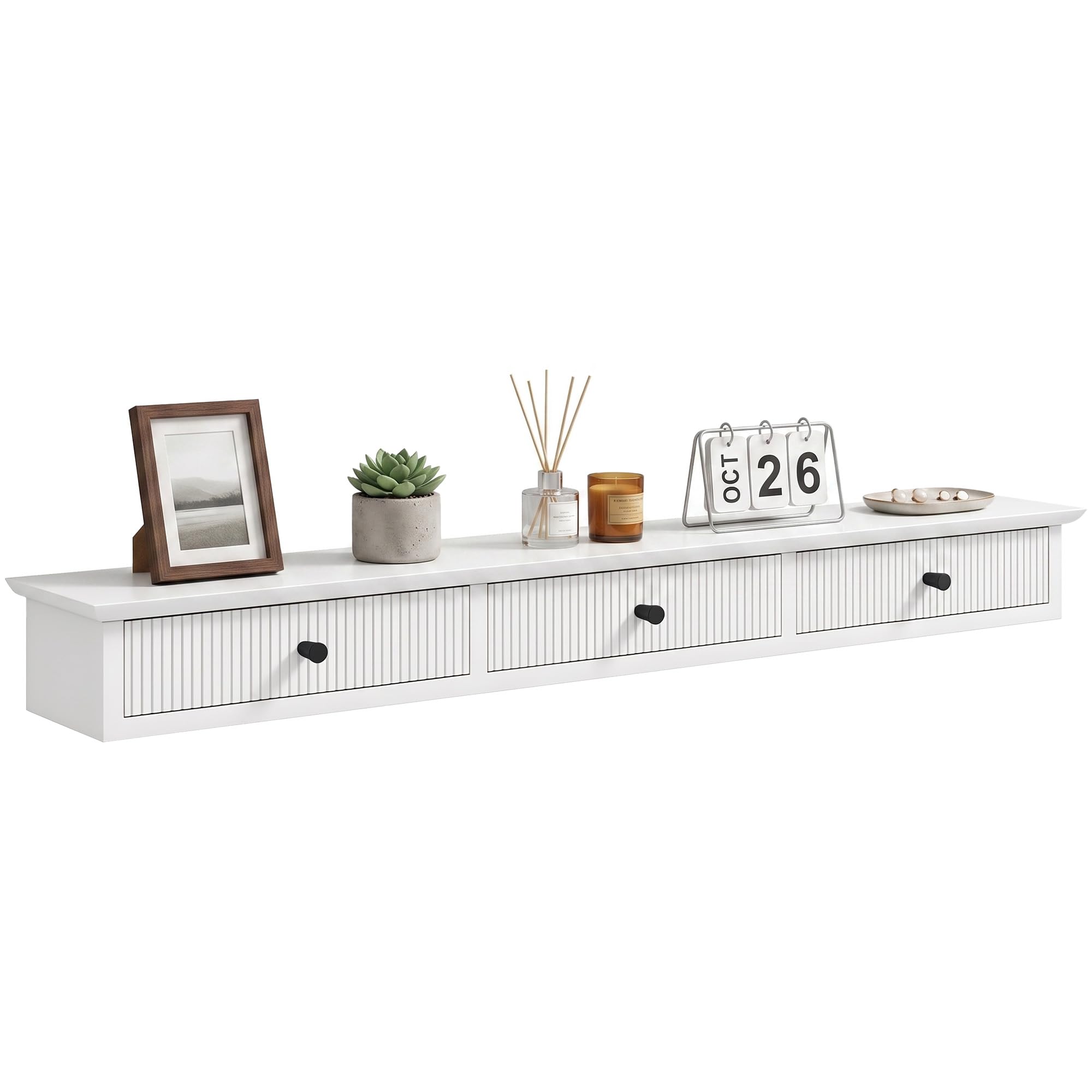 HOMCOM Floating Wall Shelf with 3 Drawers, Display Storage Unit, Wall Mounted Shelf for Entryway Kitchen and Living Room Storage, 93 x 15 x 10 cm, White