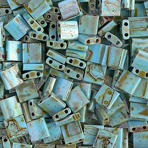 50 Grams Miyuki Tila Bead 5x5mm Picasso Turquoise Blue Antique Glass Bulk Bag TL4514-50