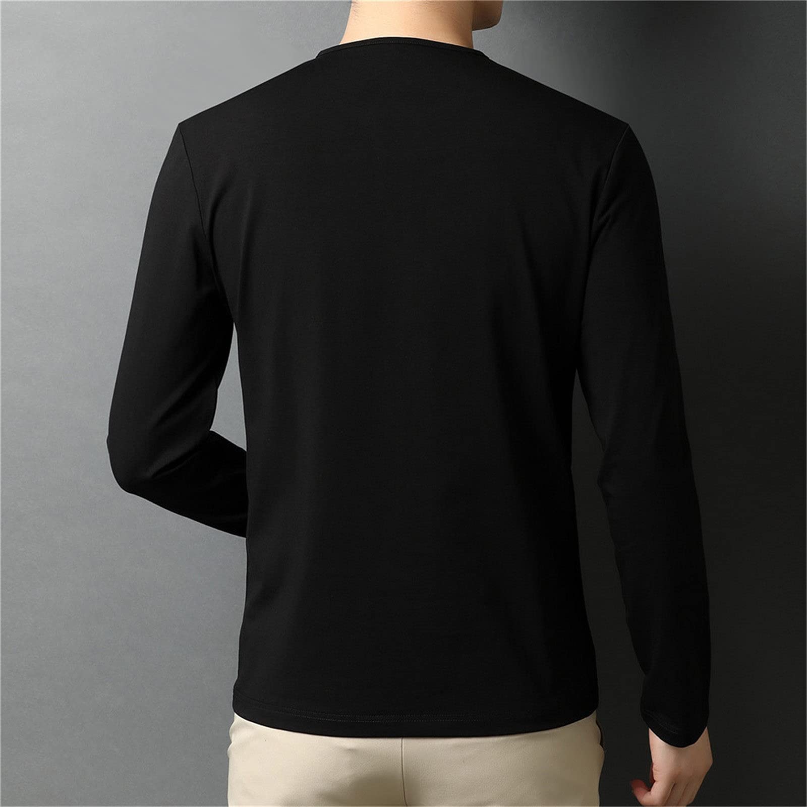Frühling Herbst Mode Henry Kragen Tops Langarm Baumwolle T-Shirt Herren Kleidung, Schwarz , XXL