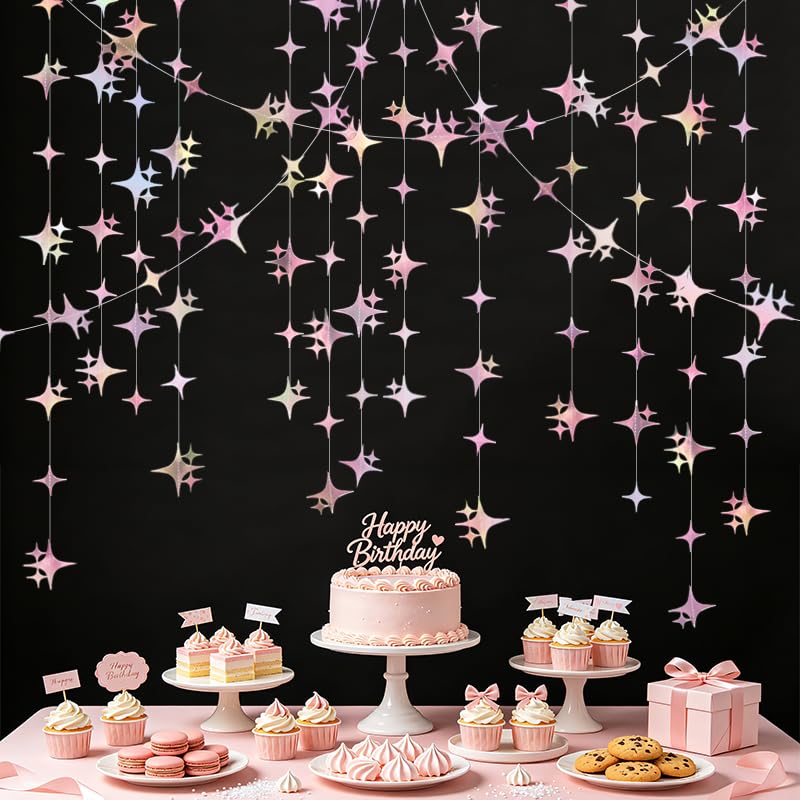 Image of Glitter Iridescent Pink Four-Angle Star Paper Garland Banner 40 Feet Iridescent Pink Twinkle Star Hanging Bunting Banner Backdrop for Wedding Baby Shower Birthday Graduation Disco Party Decorations