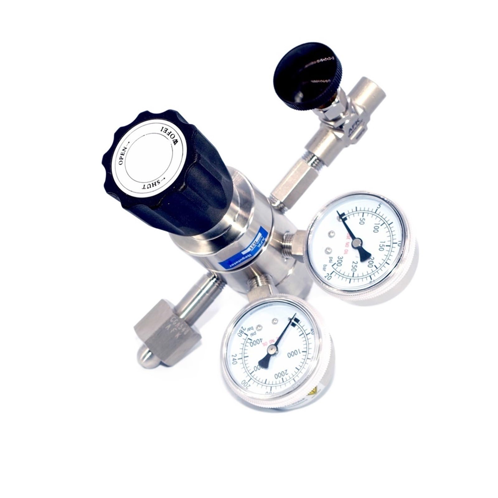 Regulator ciśnienia argonu, wysokociśnieniowy, ze stali nierdzewnej 316L, dwustopniowy, z dwoma manometrami, 6000 psi, z CGA540 i zaworem iglicowym 1/4"