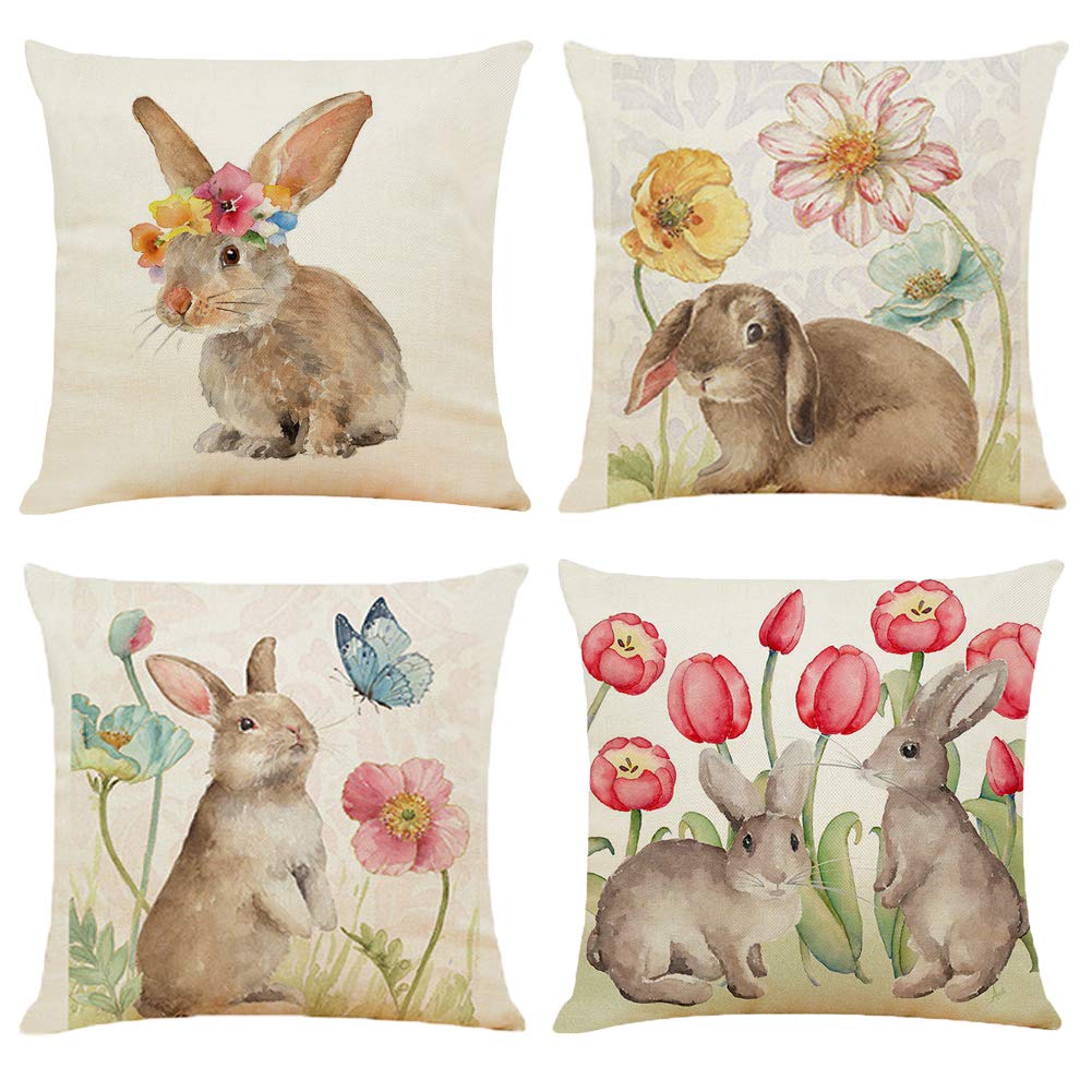 BCKAKQA Easter Pillow Case 18x18 inch Linen Cushion Covers 45cm x 45cm Set of 4 Square Throw Pillow Covers for Living Room Sofa Couch Decor (Flower and Rabbit)