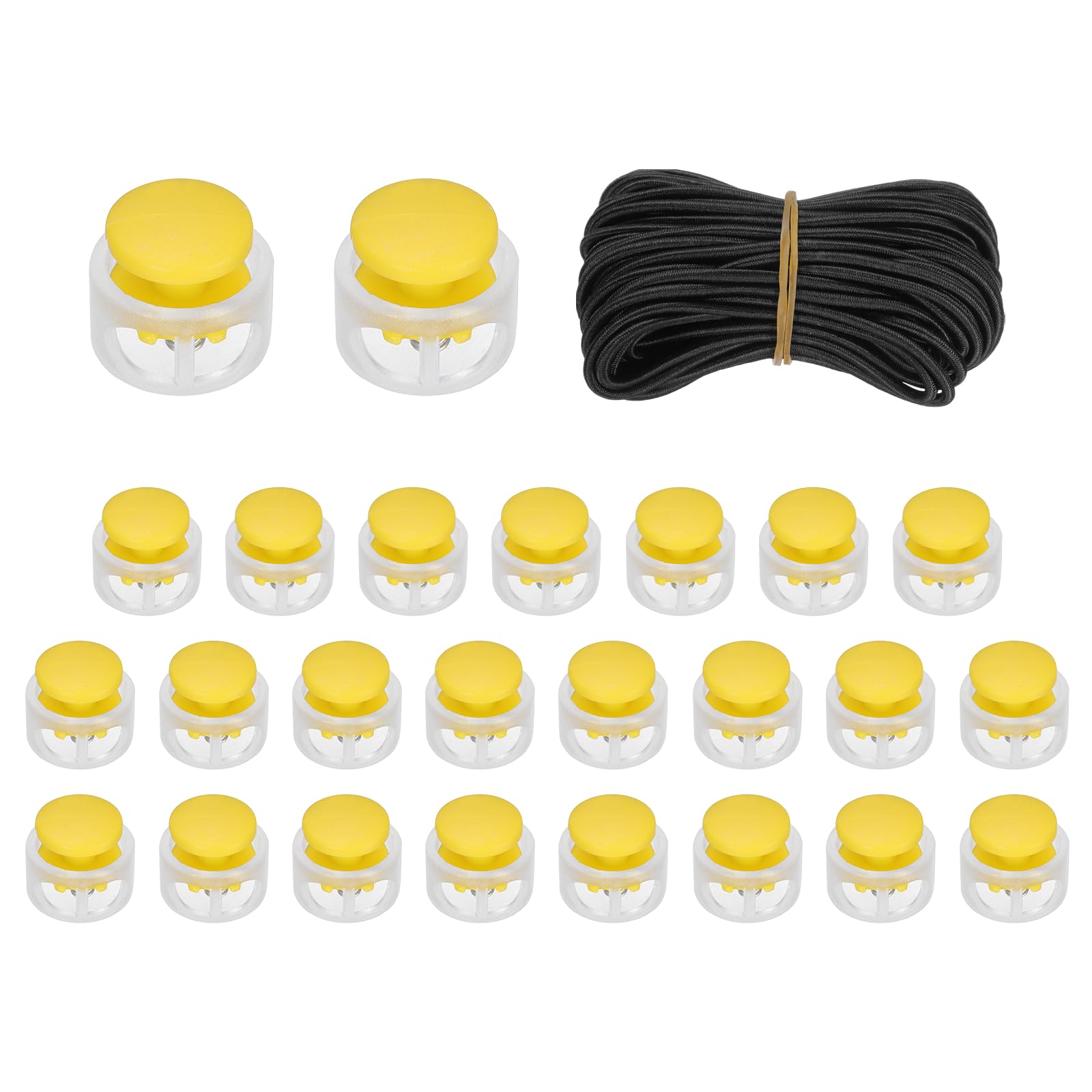 sourcing map 25 Pcs Double Hole Cord Locks with 32.8 ft Elastic Cord, 14mm Nylon Spring Toggle Stopper Clip for Backpack Shoelaces Drawstring Paracord Pants, Yellow
