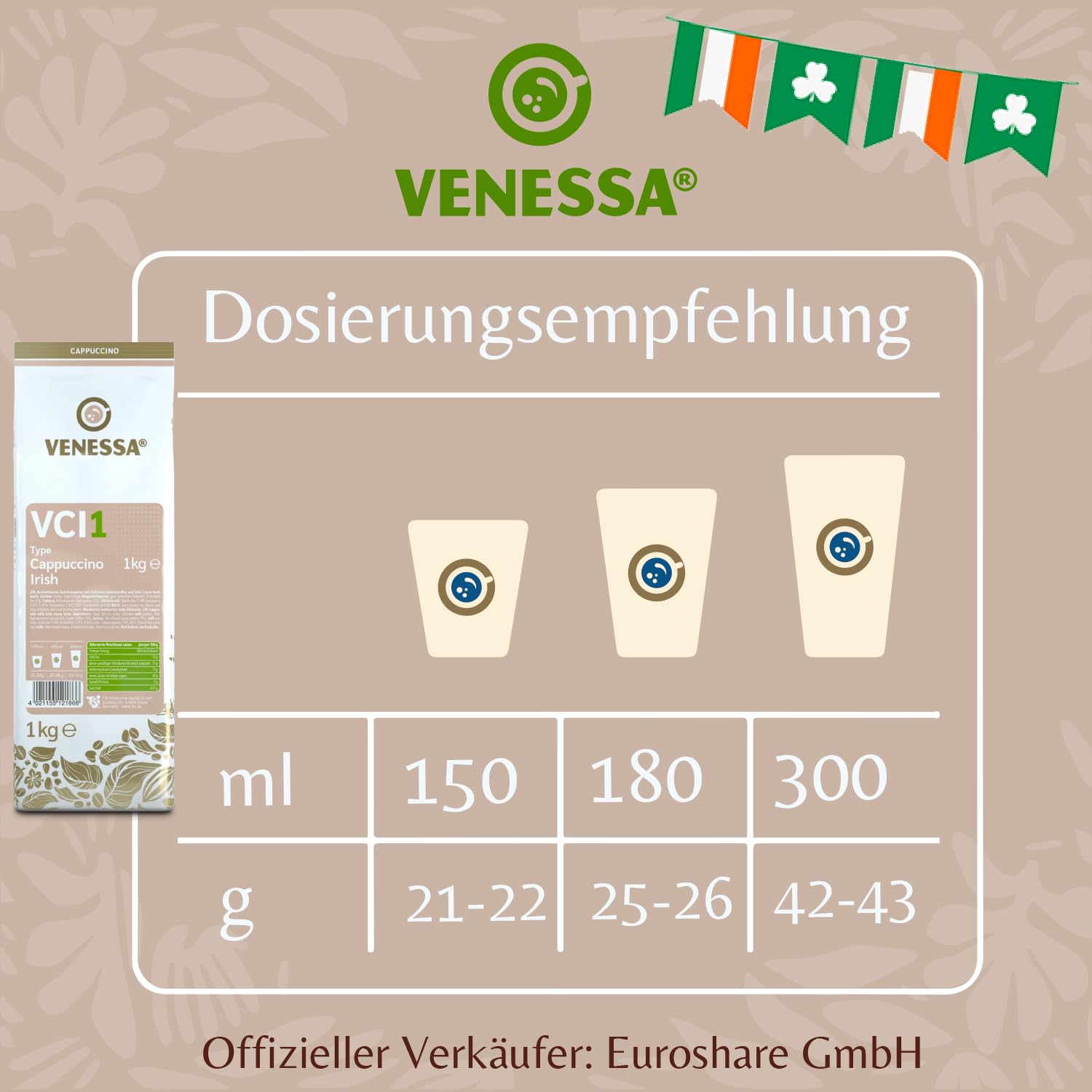 VENESSA VCI1 Cappuccino Irish 10 x 1 kg bardzo wydajny, opakowanie zapasowe, rozpuszczalna kawa irlandzka, aromatyczna, wszystkie ekspresy do kawy Vending & Office