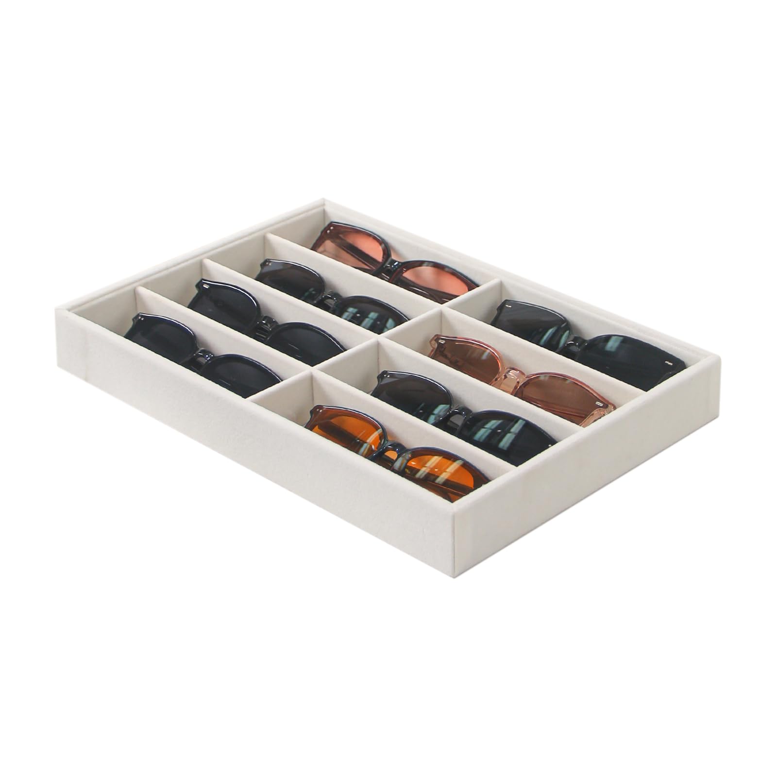 Justsoso Jewelry Sunglasses Organizer Tray, Beige Velvet Eyeglasses Display Tray Box, Glasses Organize Storage Holder for Home Desk or Selling Show Display