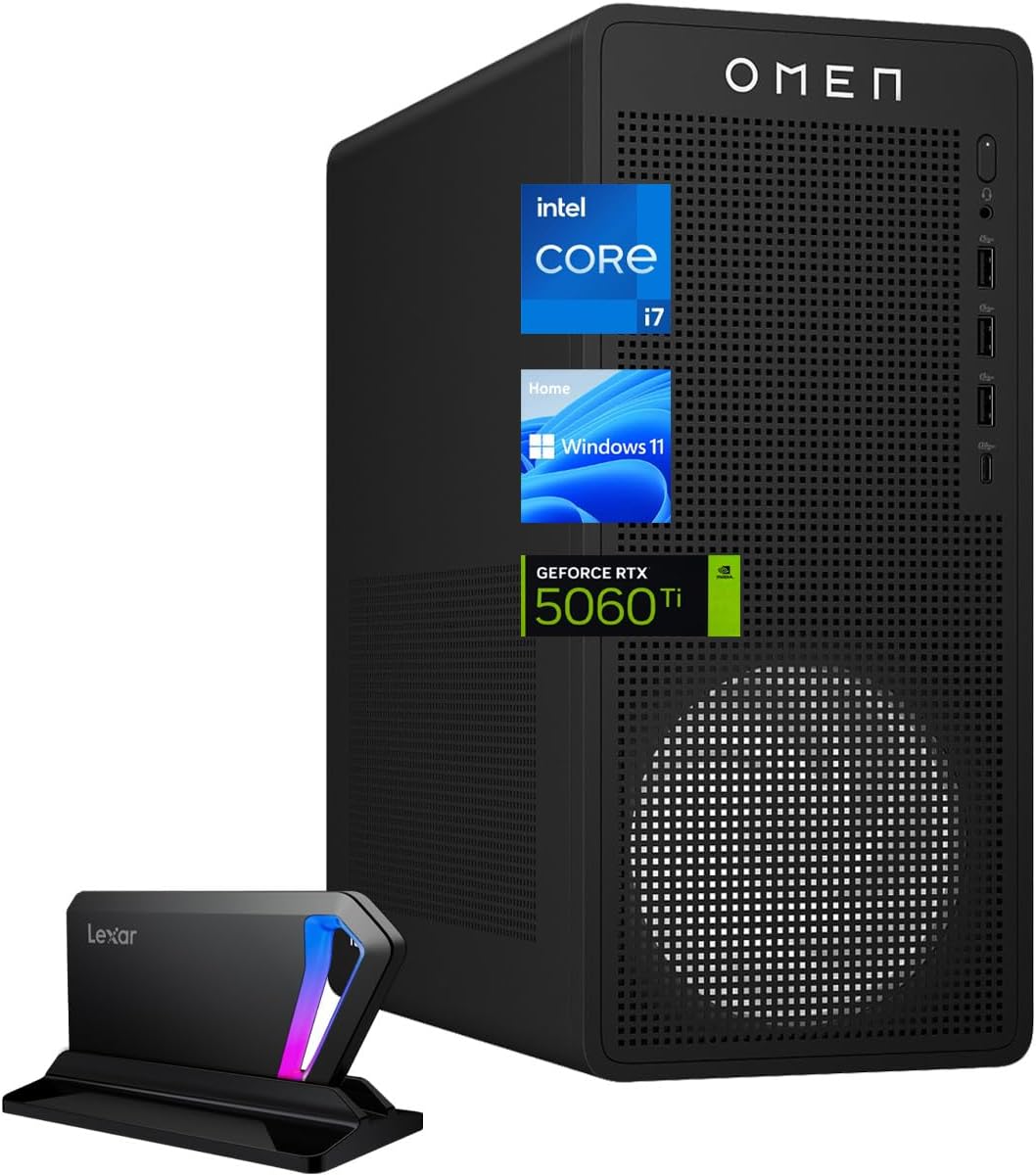 HP OMEN 16L TG03 RTX 5060 Ti Gaming Desktop, Intel i7-14700F, NVIDIA RTX 5060 Ti, 32GB RAM, 1TB SSD, Wi-Fi 6, Workstation for Music Production and Editing, Bundle with Lexar SL660 512GB Portable SSD