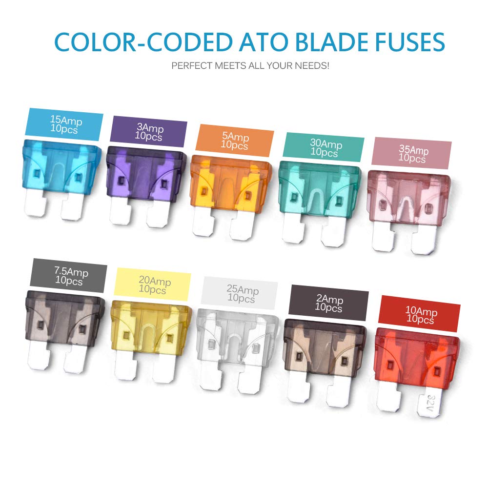 MICTUNING 100PCS ATC ATO Assorted Standard Blade Fuse Set 2A 3A 5A 7.5A 10A 15A 20A 25A 30A 35A for Car Truck SUV Boat Automotive Replacement Fuses