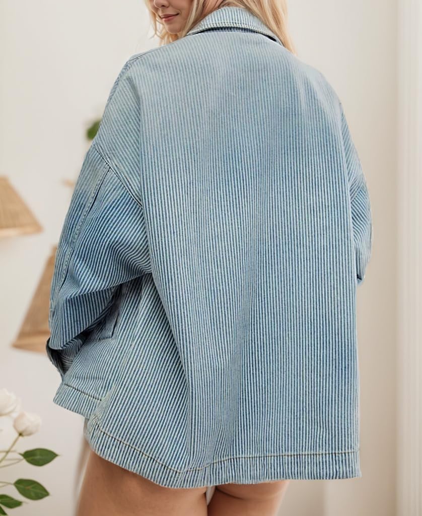 Kedera Women's Striped Denim Jackets Casual Long Sleeve Fall Jean Outfits Boyfriend Denim Coat with Pockets - Image 2