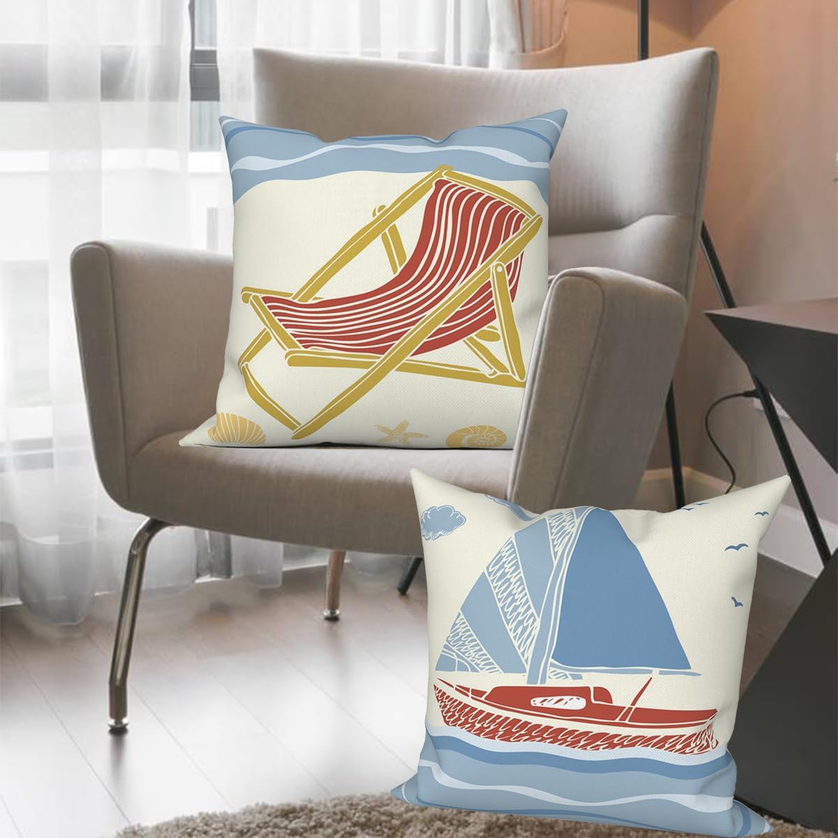 4 Pcs/Set Beach Throw Pillow Covers Summer Coastal Lighthouses Sailboat Loungers Minimalist Cold Seaside Holiday Linen Body Pillow Cover for Sofa Bedroom Patio Decorative, 20"x20"