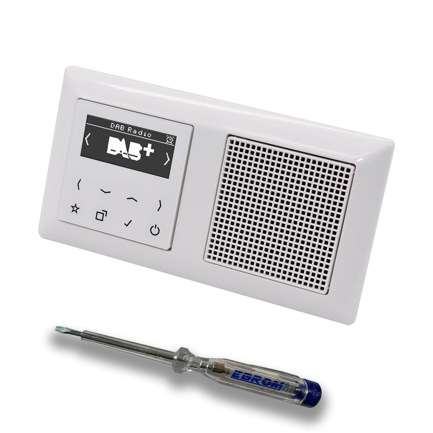 JUNG Smart Radio Unterputzradio DABAWW DAB+ Komplettset mit 2-fach Rahmen im JUNG AS 500 System, Farbe: alpinweiß – passenden Lautsprecher und EBROM Phasenprüfer zur Montage der Geräte