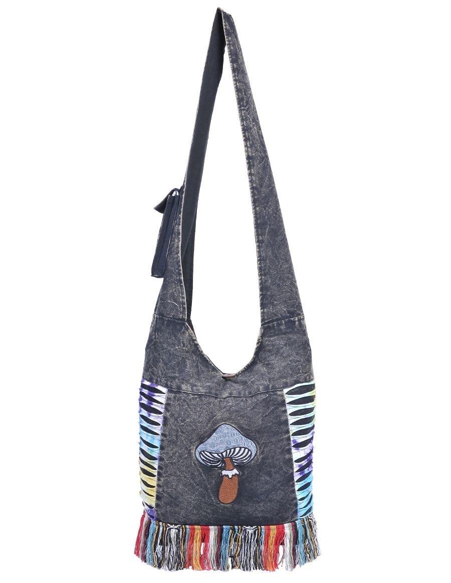 THE COLLECTION ROYAL Hobo Crossbody Bags for Women, Boho Purse, Boho Bag | Hippie Bag, Indie Tote Bag, Cloth Purse for Women (Blk-Mush)