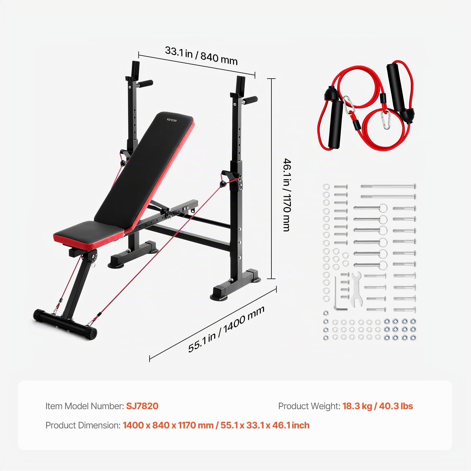 VEVOR Banco de Pesas 6 en 1 Banco de Ejercicios para Abdominales para Entrenamiento de Fuerza en el Gimnasio en Casa, 272 kg Banco Plano Inclinado y Declinado de Plegado Rápido, 1400 x 840 x 1170 mm