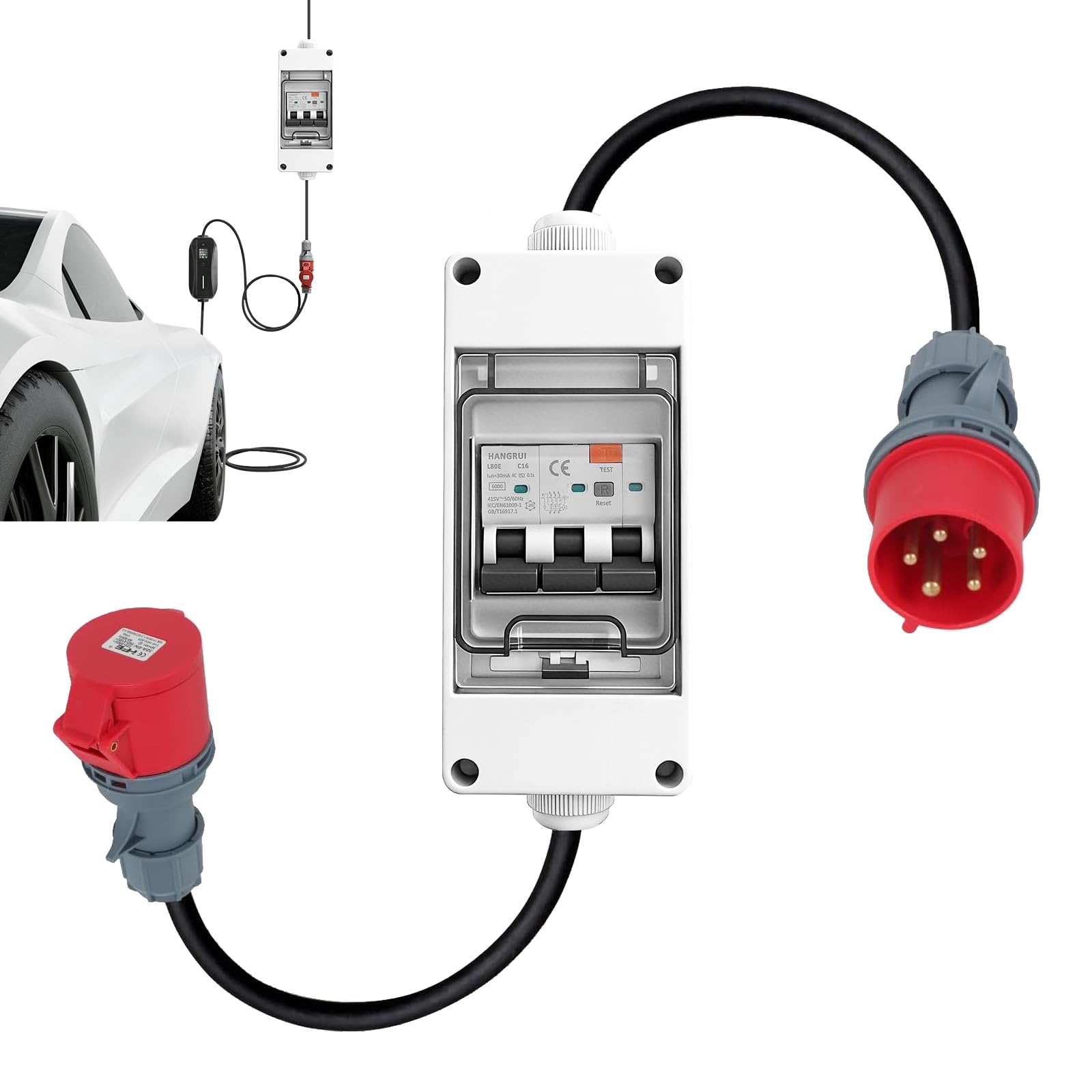 Adattatore CEE per corrente forte da 32 A a 16 A, cavo di prolunga con spina CEE IP44, con interruttore differenziale, spina per corrente forte a 5 poli, per roulotte, campeggio, cantiere, officina