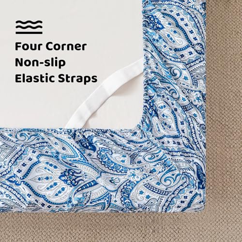 Image of Softan Blue Paisley Printed Bed Sheets King Size, Floral Sheet Set King, Brushed Polyester Microfiber Fitted Sheet with 15 inch Deep Pocket & Non-Slip Straps, Blue Flower Patterned Sheet & Pillowcase Sets