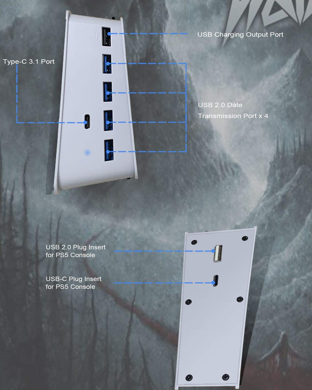 Hub USB de 6 puertos para accesorios PS5, adaptador de alta velocidad con 4 USB + 1 puerto USB + 1 puerto de carga USB + 1 puerto tipo C, compatible con consola PlayStation 5 tomas frontales