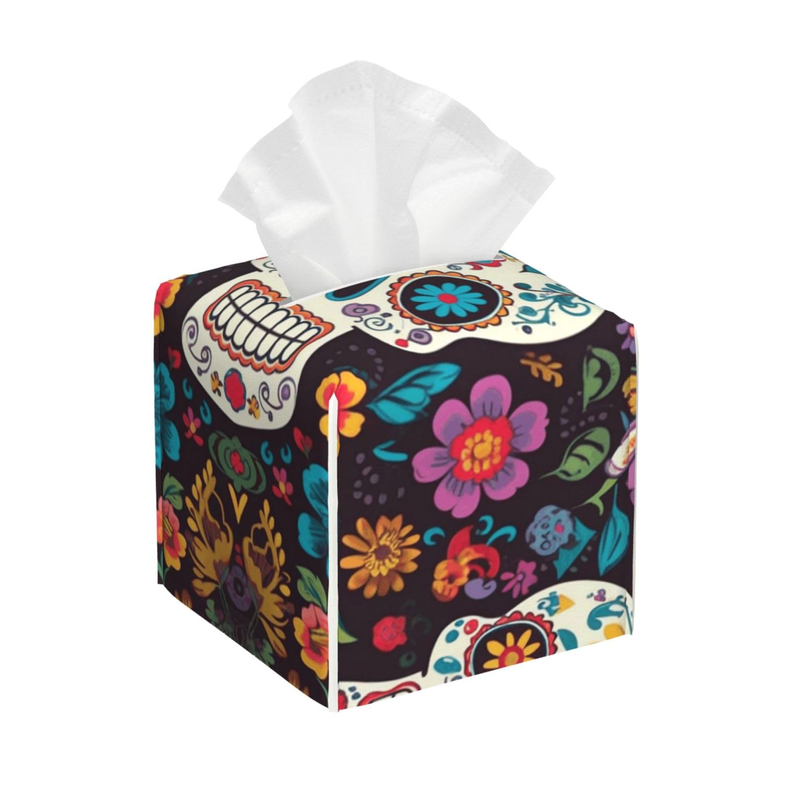 Tissue Box Cover Square Cube Boxes PU Leather Tissue Holder Sugar Skulls and Flowers Tissue Box Facial Case Decorative Paper Organizer Dispenser for Bathroom Bedroom Office