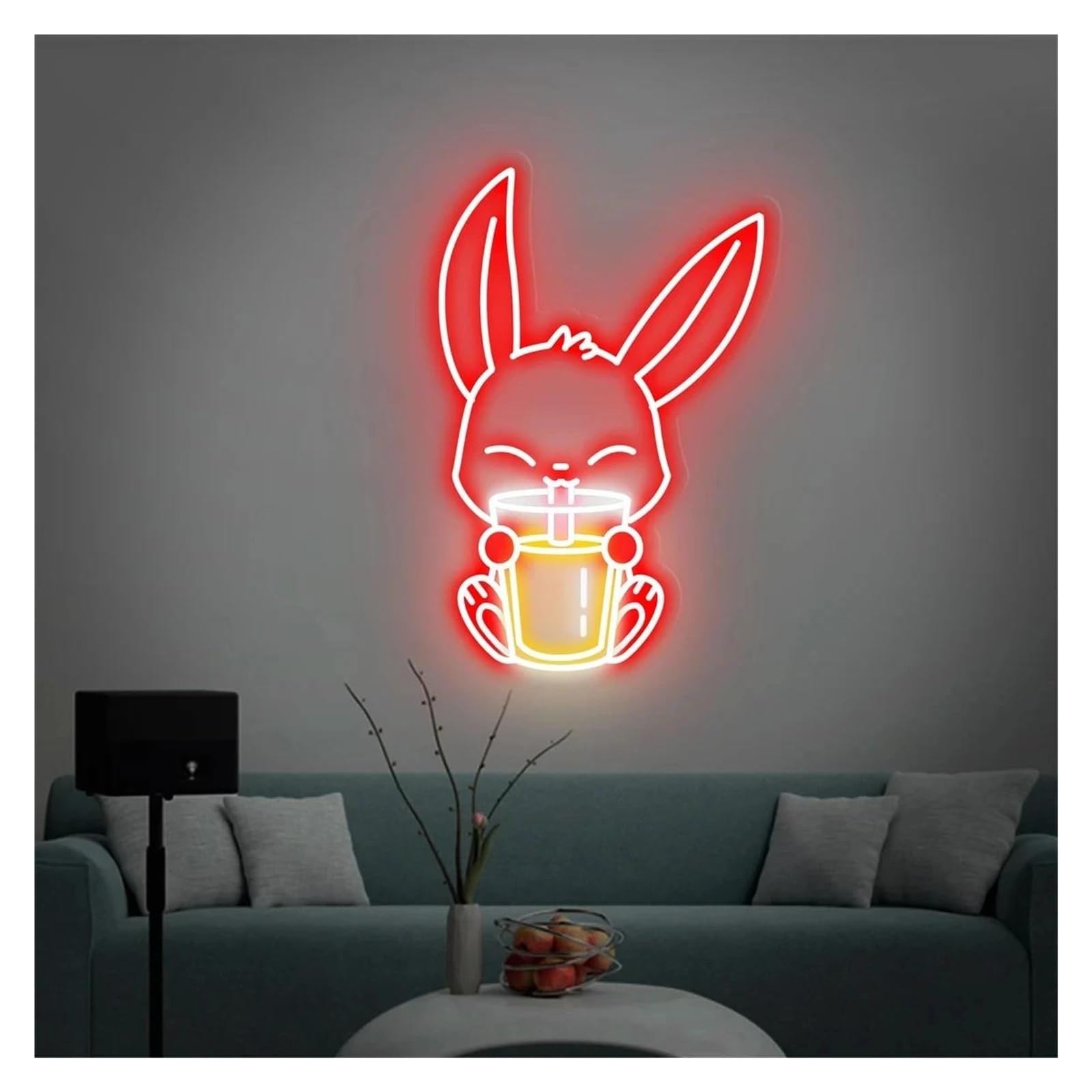 LEMST Signs Lamp Rabbit Drinking Milk Tea Neon Signs USB Powered Adjustable Brightness Bunny Neon Lights, Suitable for Wall Decor(B,55cm)