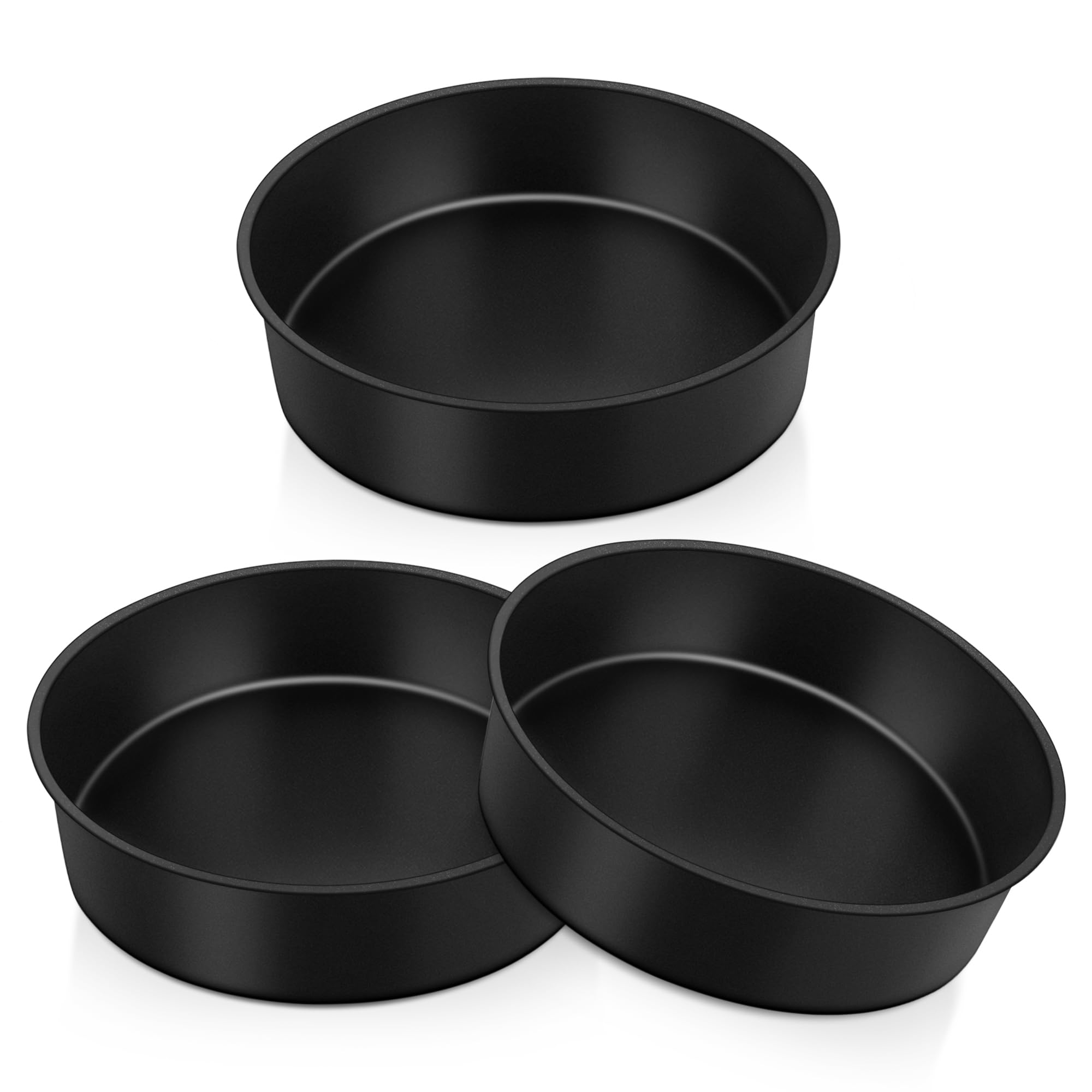Herogo 8 Inch Cake Tin Set of 3, Non-Stick Stainless Steel Round Cake Pan for Birthday Wedding Baking Layer Dessert, Stainless Steel Core & Non-Toxic Coating, One-Piece Design & 5cm Deep (20cm, Black)