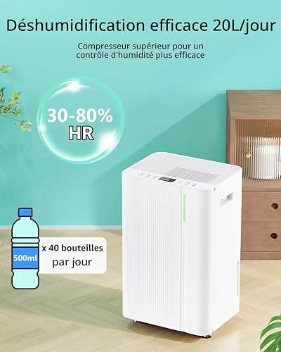 Deumidificatore da 20 l/giorno, deumidificatore elettrico con compressore, 3 modalità, silenzioso e a basso consumo, drenaggio continuo, serbatoio da 5 l, timer 24 ore, controllo automatico - 3