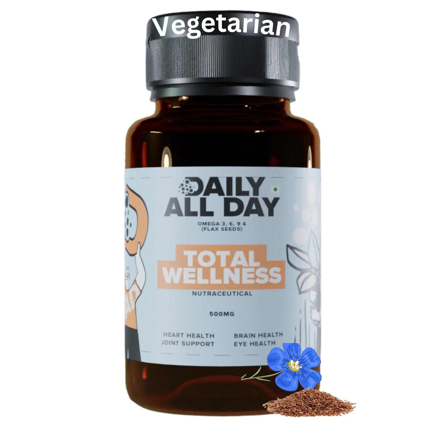 Daily All Day Omega 3 6 9 Vegetarian Capsule supplement, 1000mg, Fatty Acid, Vegan Flaxseed oil, Heart Health, Brain, hair and skin, Joint Pain & Eyes, EPA DHA Herbal for Men Women