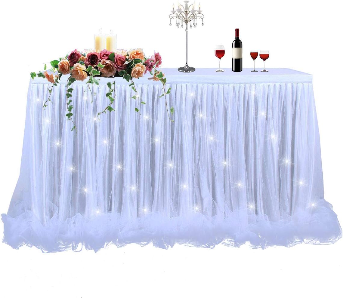 LED Table Skirt White Tulle Table Skirt Tutu Table Cloth Skirting for Rectangle or Round Table for Baby Shower Wedding and Birthday Winter Party Decoration (14 ft table skirt)