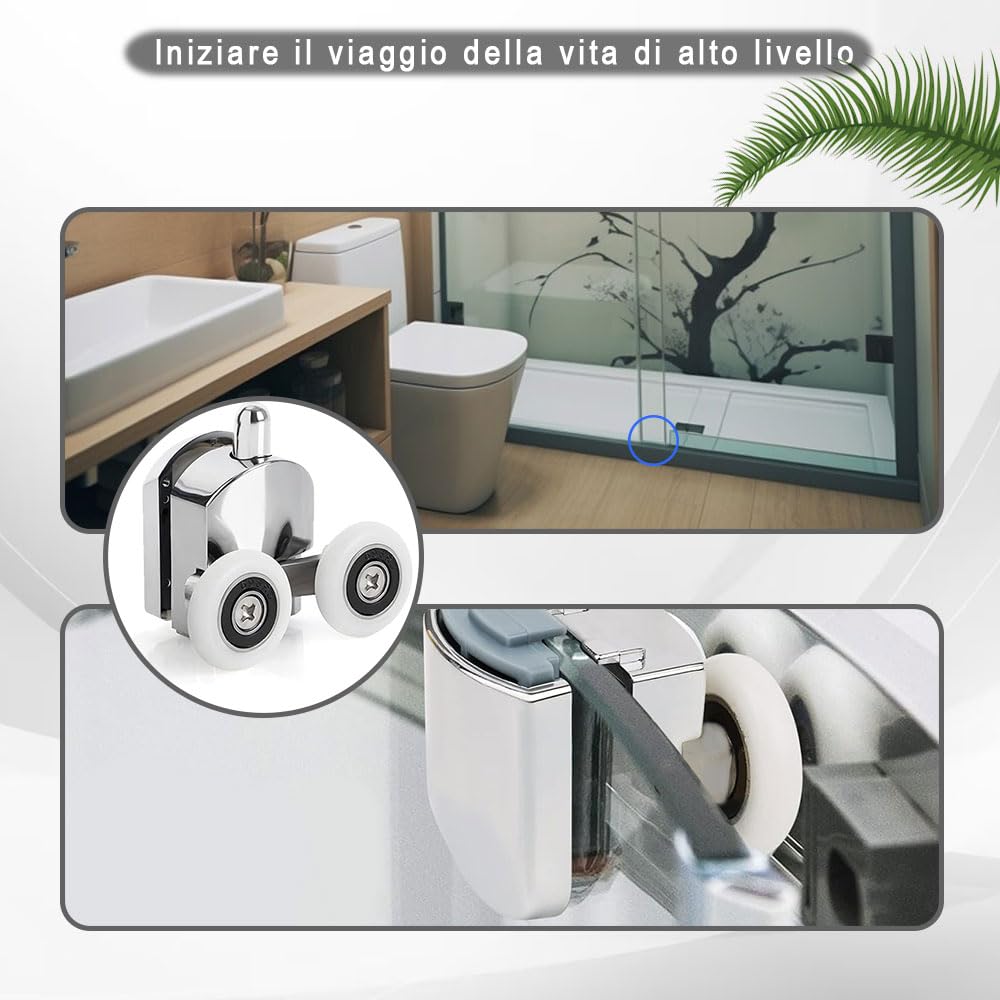 Voarge Rotelle curve per porta doccia, Per Porta Box Doccia con doppia porta scorrevole, Accessori per Box Doccia di Ricambio e Fissaggio, 2 ruote superiori + 2 ruote Silver, 23mm