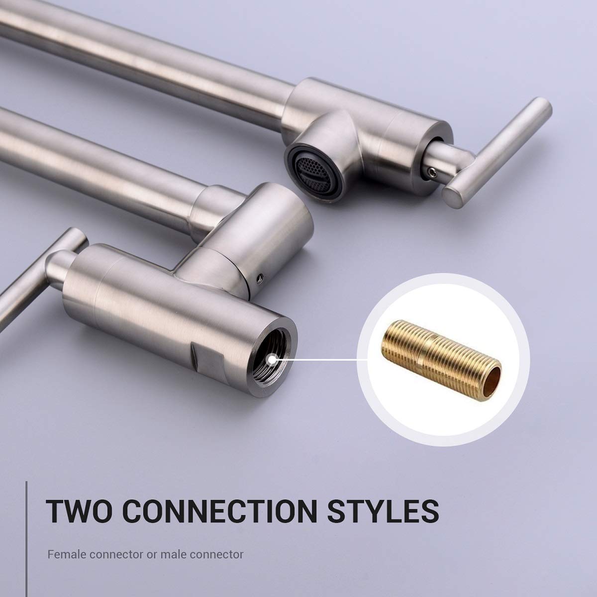 Grifo de llenado de pote KPF-13012BN, 2 manijas válvula montada en la pared de acero inoxidable comercial fregadero olla relleno con doble articulación brazo plegable estirable, níquel cepillado