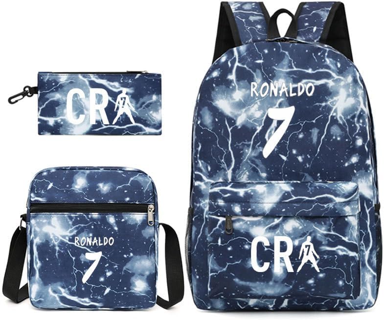 3 Piece C Ronaldo CR7 Large Capacity 15.6'' Backpack for Teens Students Kids Children, Lightweight Durable School Bookbag with Crossbody Bag Pencil Case-B0002