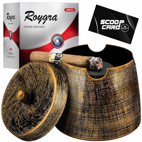 roygra Ash Tray with Lid Outdoor Cigar Ashtray for Outside Patio Metal Cigar Ashtrays Outdoors with 4 Holder Cigars Smoking Accessories Large Smokeless Home Dcor Ashtrays for Smokers Indoor