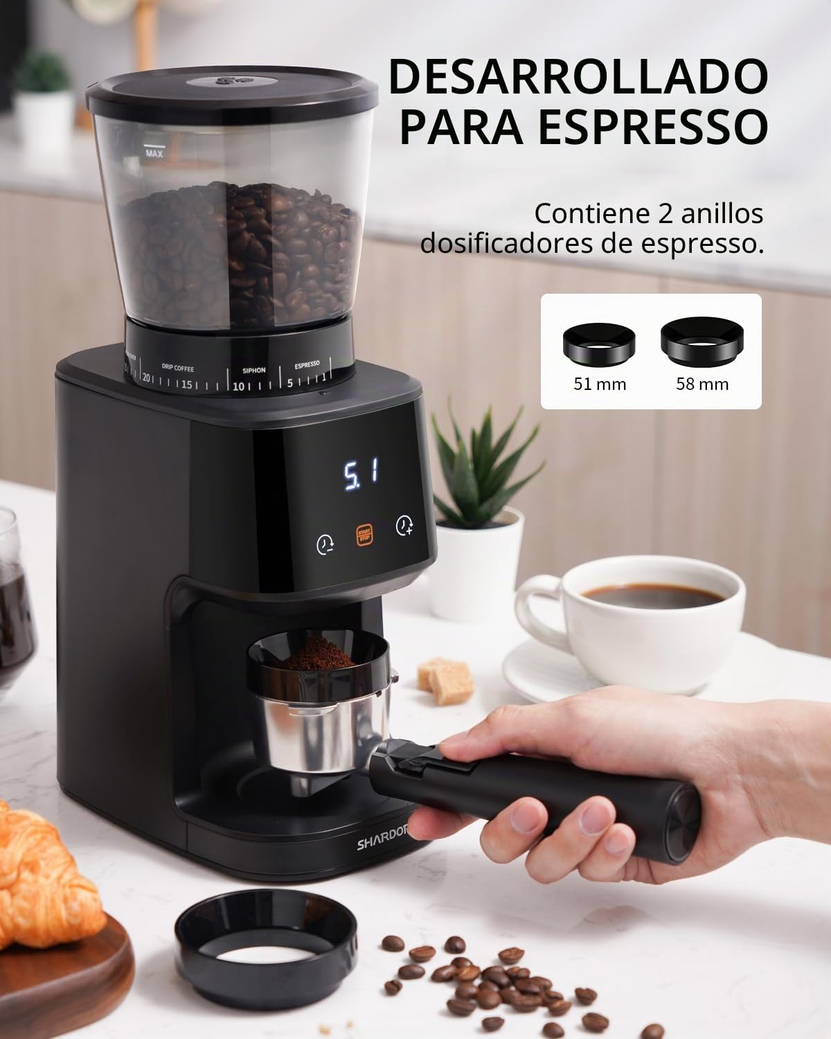 Molinillo de café, 31 pasos Incluso, molido fino ajustable, eléctrico, molino de conos para espresso, antiestático, 165 W, LED, 31 pasos