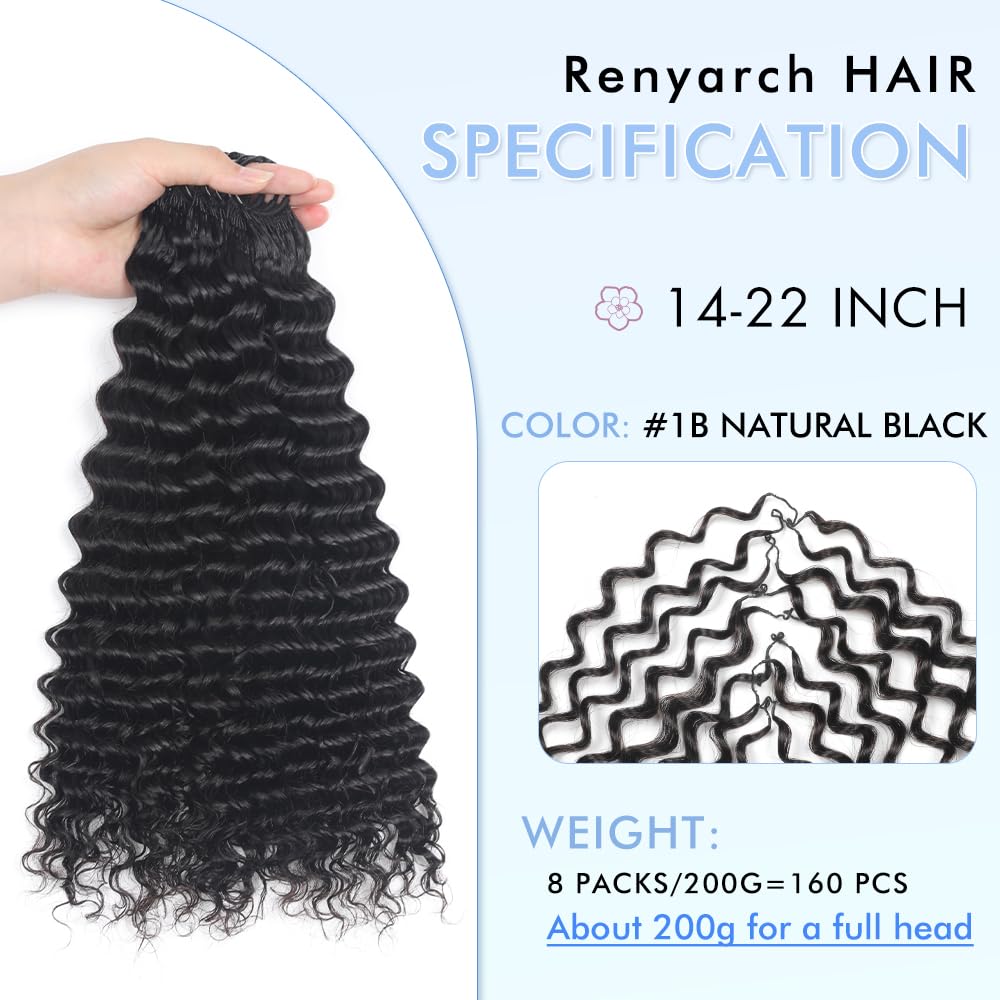 Renyarch Crochet Human Hair Bundles for Black Women 14 Pulgadas Deep Wave Crochet Hair 200g 160 Hebras Natural Black Wet and Wavy Invisible Curly Human Extensions