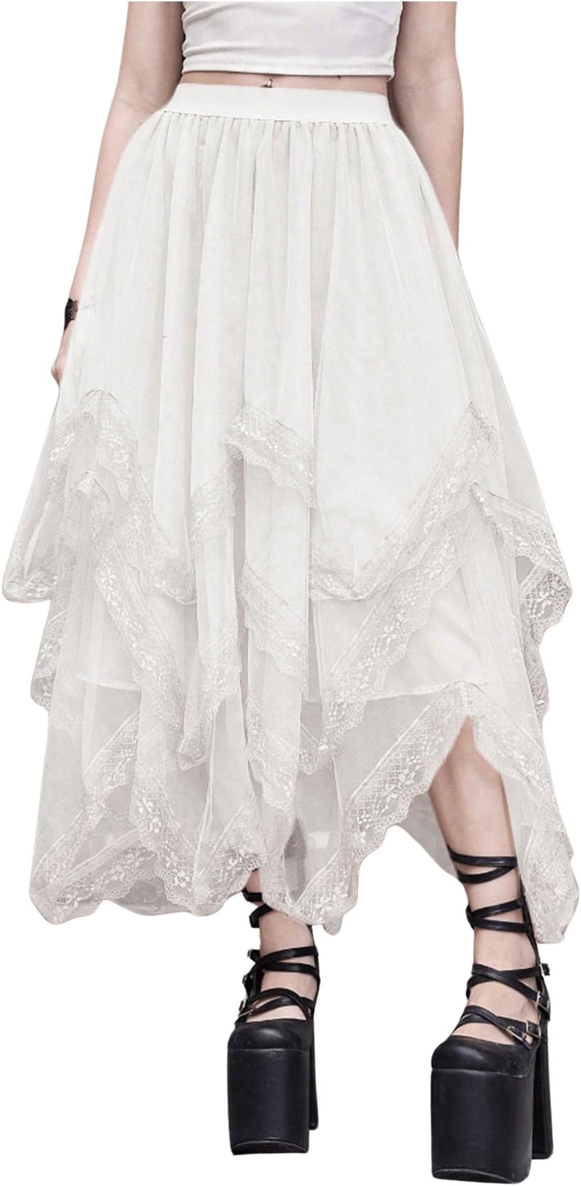 Women's Lace Trim Layered Mesh Tulle Skirt High Waist Asymmetrical Long Goth Skirt