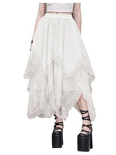 SHENHE Women's Lace Trim Layered Mesh Tulle Skirt High Waist Asymmetrical Long Goth Skirt - Medium - White