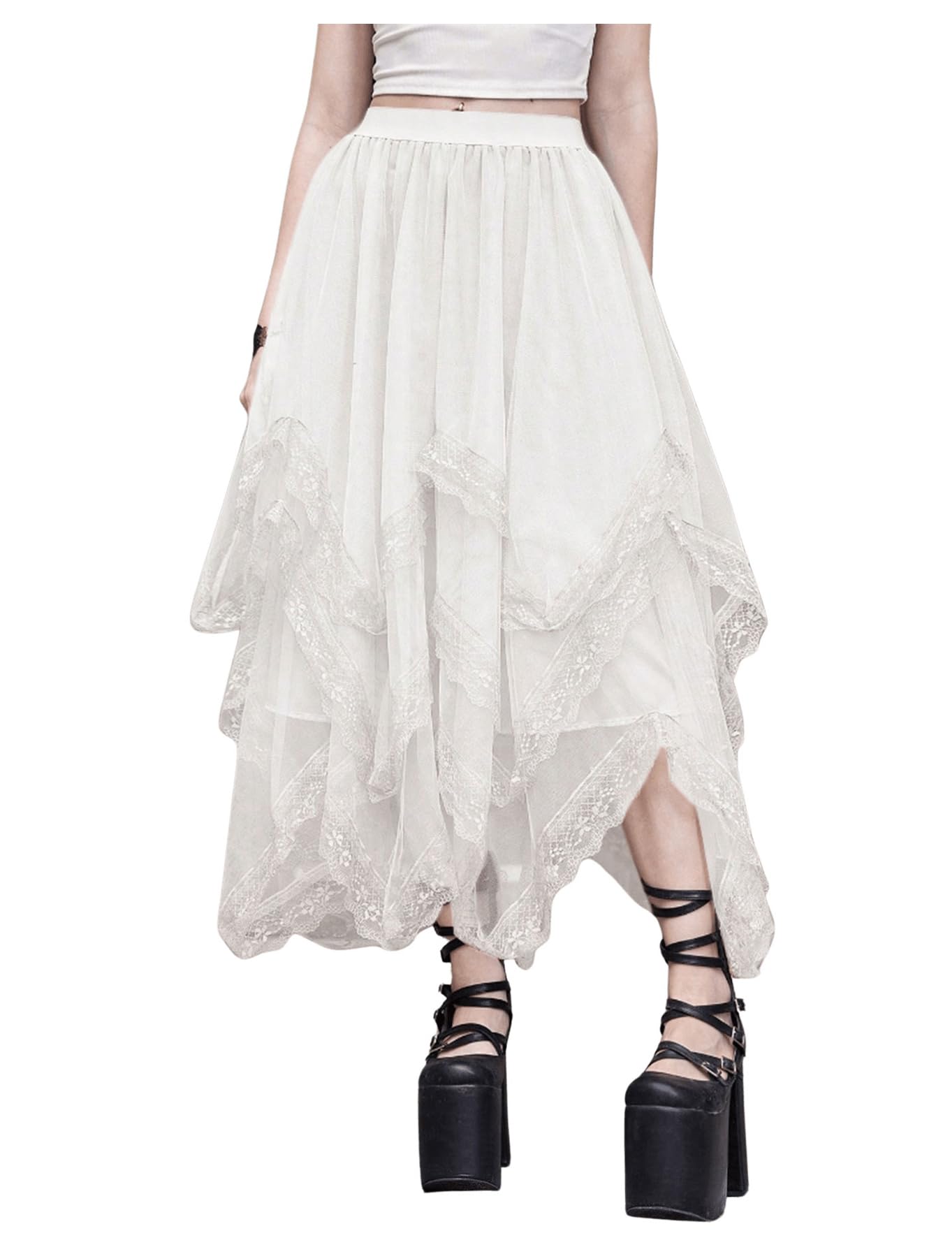 Women's Lace Trim Layered Mesh Tulle Skirt High Waist Asymmetrical Long Goth Skirt